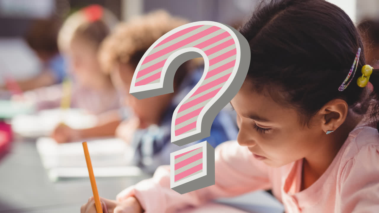 Animation of pink question mark over caucasian schoolgirl writing at desk in classroom