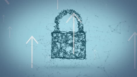 animación de un candado de seguridad en línea y flechas blancas sobre fondo azul