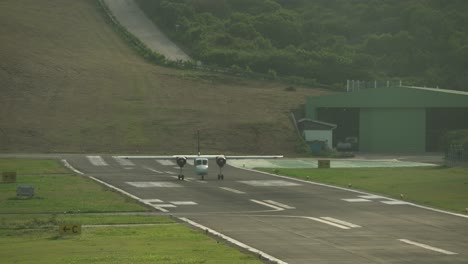 Shot-of-an-airplane-departing-at-Saint-Barthelemy-Island-on-a-cloudy-day