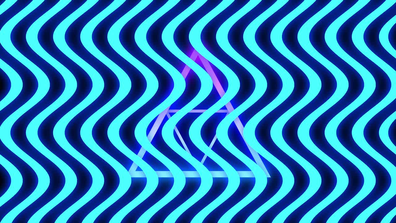 animación de múltiples líneas onduladas azules de neón brillantes que se mueven sobre triángulos púrpuras en un bucle sin costuras