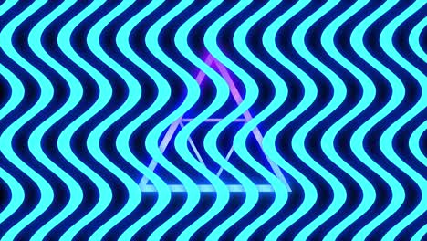 Animation-of-multiple-glowing-neon-blue-waving-lines-moving-over-purple-triangles-on-seamless-loop