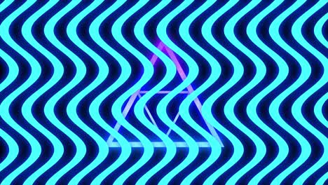 animation of multiple glowing neon blue waving lines moving over purple triangles on seamless loop