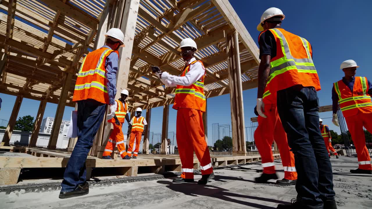 Low-angle video shot of construction workers in safety gear, discussing a wooden framework