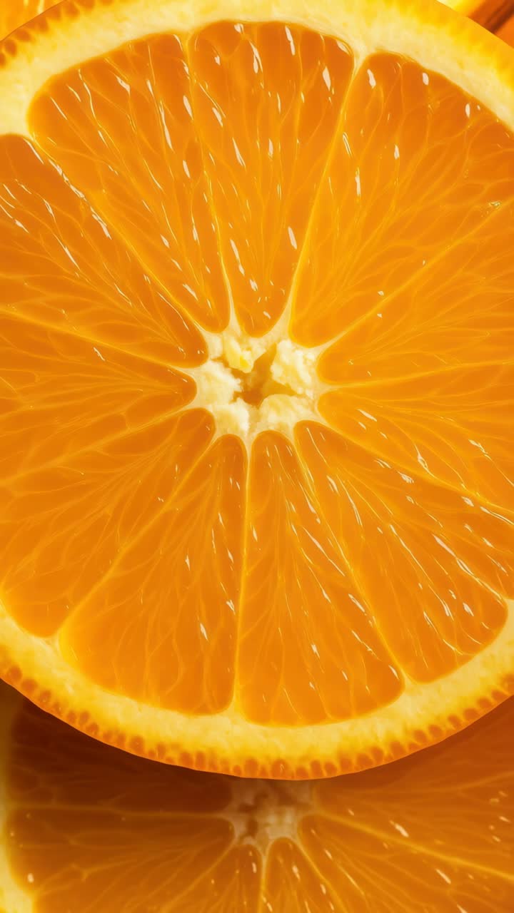 Close-up, vista de cima para baixo de uma fatia de laranja vibrante, mostrando sua textura suculenta