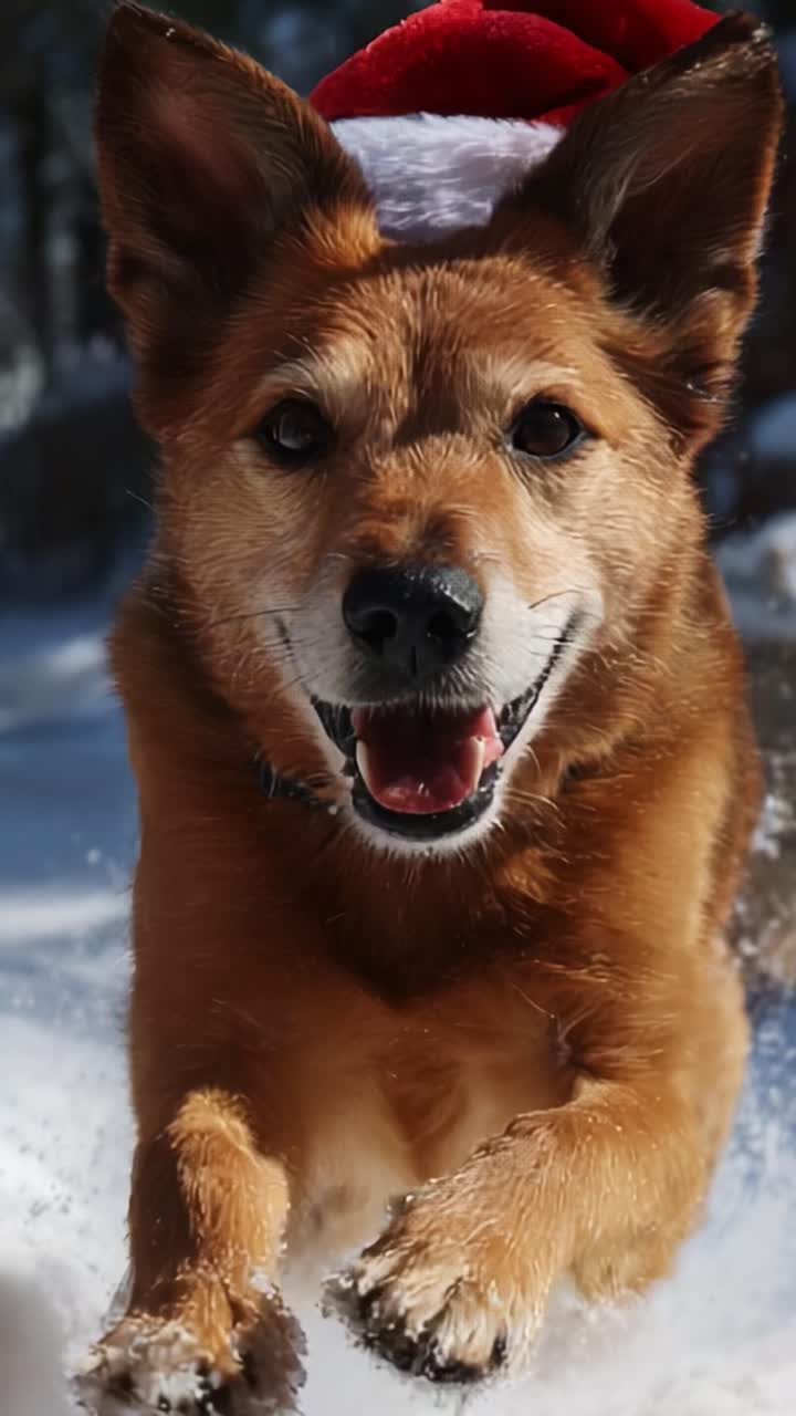 Un cane felice con un cappello da Babbo Natale che corre giocosamente nella neve, mostrando pura gioia in una giornata invernale, catturando lo spirito delle feste con un sorriso smagliante e un atteggiamento giocoso
