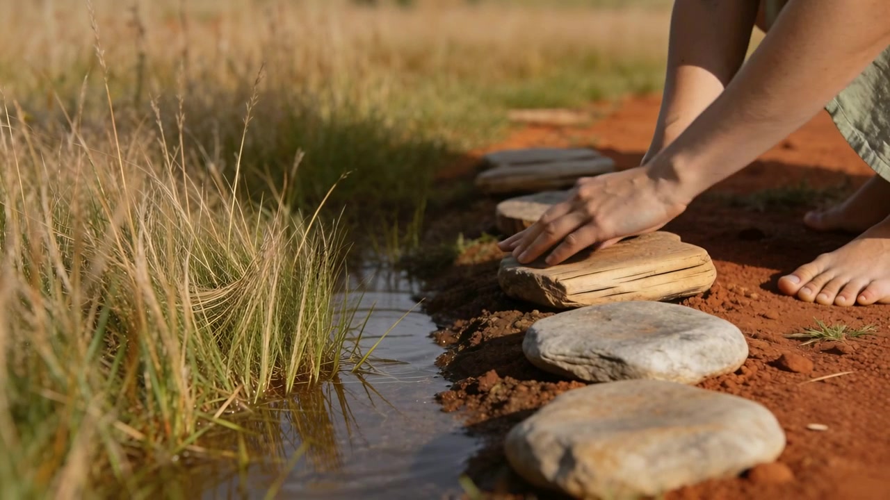 Noticing grass, kneeling woman in green skirt touching grass and steadying stones at creek