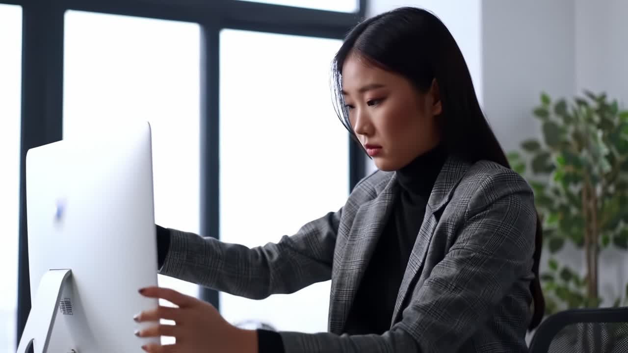Focused Professional Woman in a Modern Office Setting Engaging with Computer Screen, Demonstrating Dedication and Concentration on Work Tasks