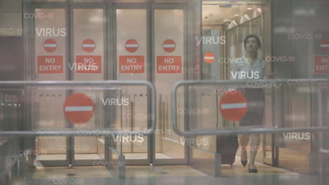 Digital composite video of virus text againstwoman carrying a suitcase walking out of an airport