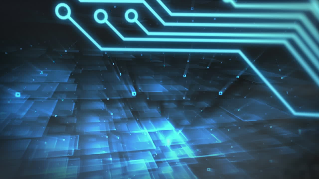 animación digital de codificación binaria y procesamiento de placas de circuitos en azul.