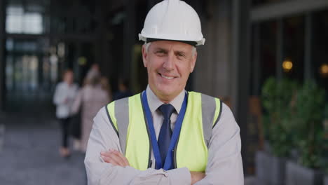 Retrato-Feliz-Maduro-Ingeniero-De-Construcción-Hombre-Sonriendo-Con-Los-Brazos-Cruzados-Disfrutando-De-Una-Carrera-De-Ingeniería-Profesional-Usando-Casco-Casco-De-Seguridad-Cámara-Lenta-Serie-De-Personas-Reales