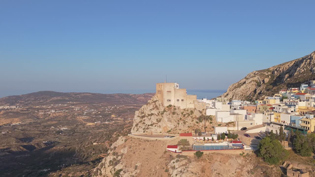 Drone Orbit Revealing Menetes Village and Karpathos Landscape, Greece