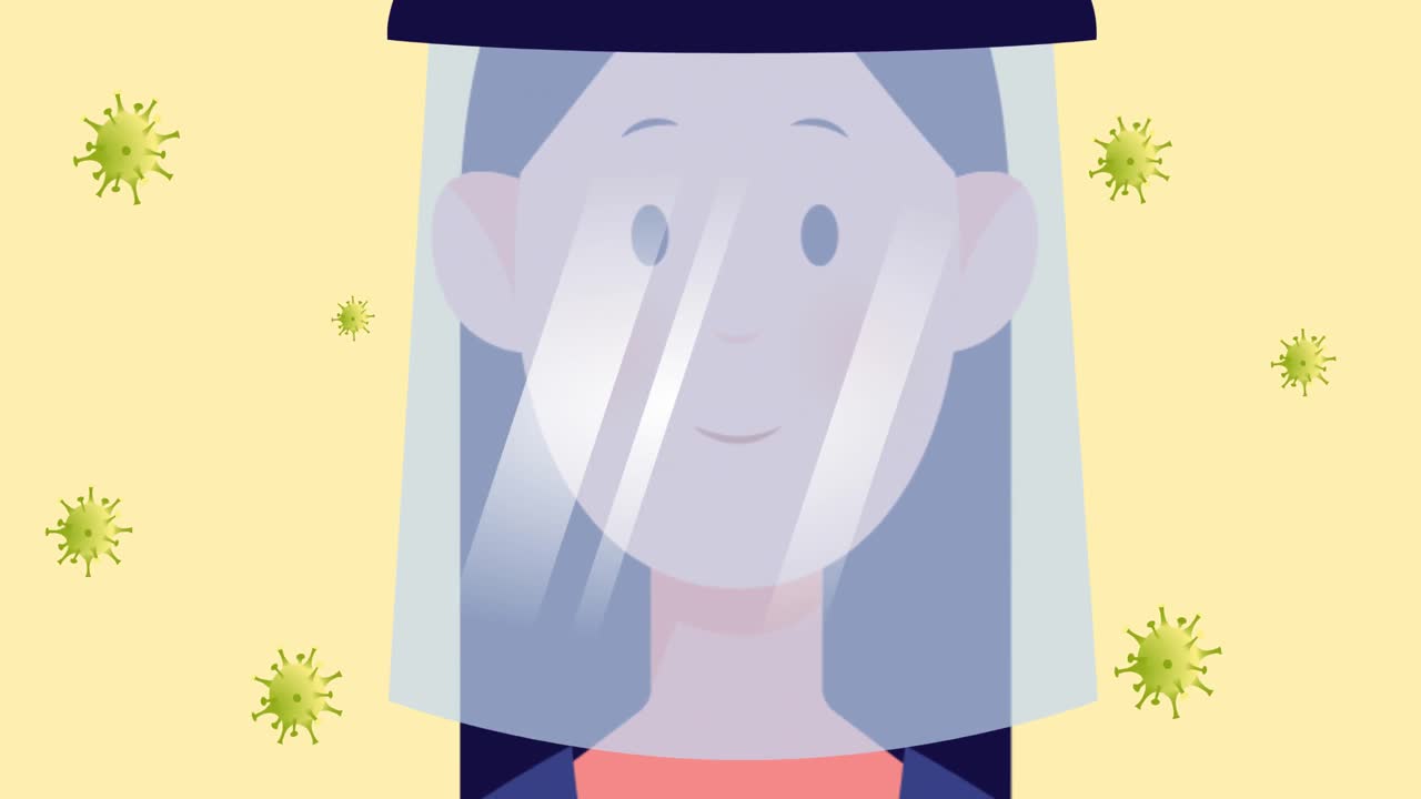 코로나 19 바이러스 세포가 움직이는 코로나 19 바이러스 세포 위에 얼굴 방패를 쓴 여성의 애니메이션