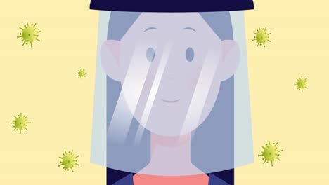 animation of woman with face shield over covid 19 virus cells moving