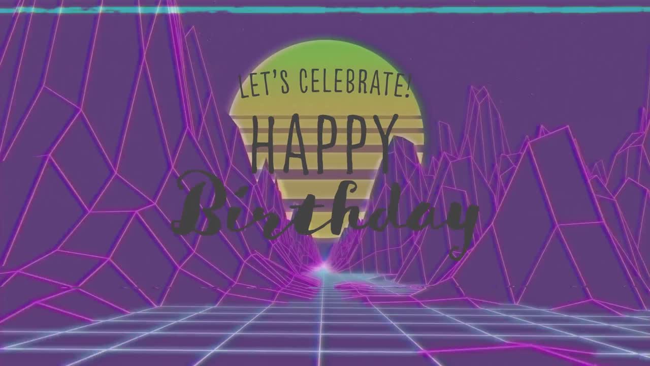Animation of digital let's celebrate happy birthday text over moving grid patterns amidst mountains