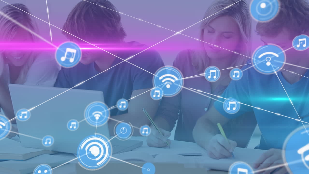 교실에서 공부하는 대학생 그룹에 대한 연결 네트워크와 빛의 흔적