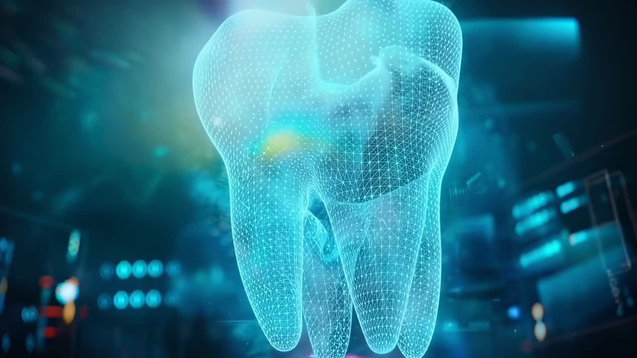 Futuristic video of a digital tooth hologram, angled from below, with a glowing blue grid