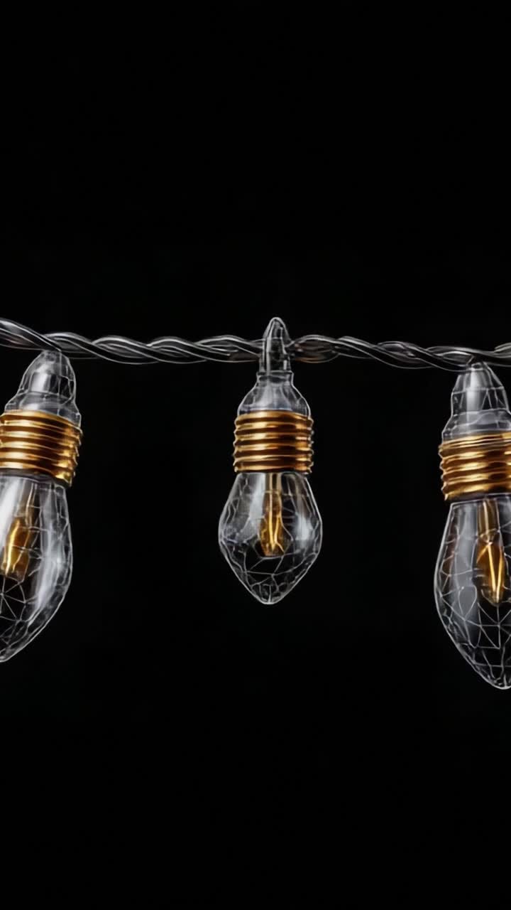 Filo di luci decorative illuminate che mostrano eleganti lampadine a filamento con una lucentezza scintillante su sfondo scuro, perfette per l'illuminazione d'atmosfera e l'arredamento festivo