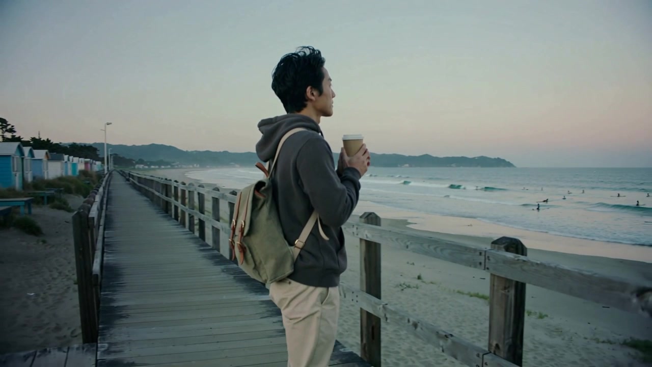 Pria berjalan dengan hoodie gelap sambil memegang cangkir kopi dan tas hijau, berhenti di pagar pembatas jalan kayu sambil menyaksikan ombak
