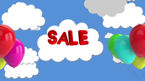 texto de venta contra un montón de globos flotando en el cielo azul