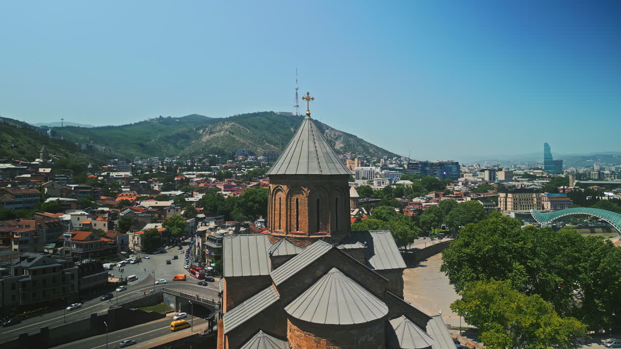 Panoramic Aerial View of a Historic Church in Tbilisi, Georgia