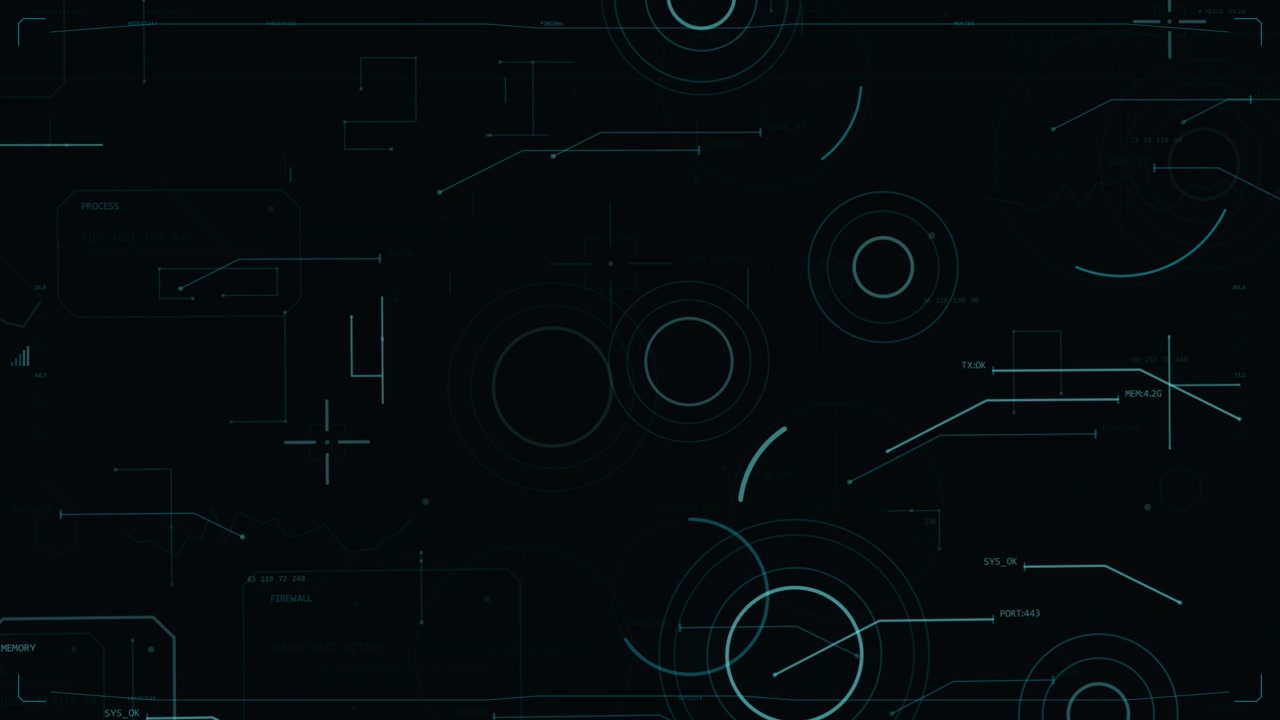 Circuit traces initiating HUD rotating rings arcs needle pulsing scanning on transparent canvas