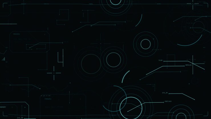 Circuit traces initiating HUD rotating rings arcs needle pulsing scanning on transparent canvas