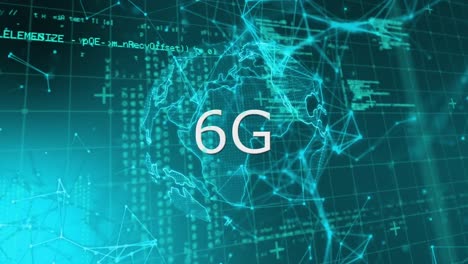 animation of 6g text banner, spinning globe, data processing and network of connections
