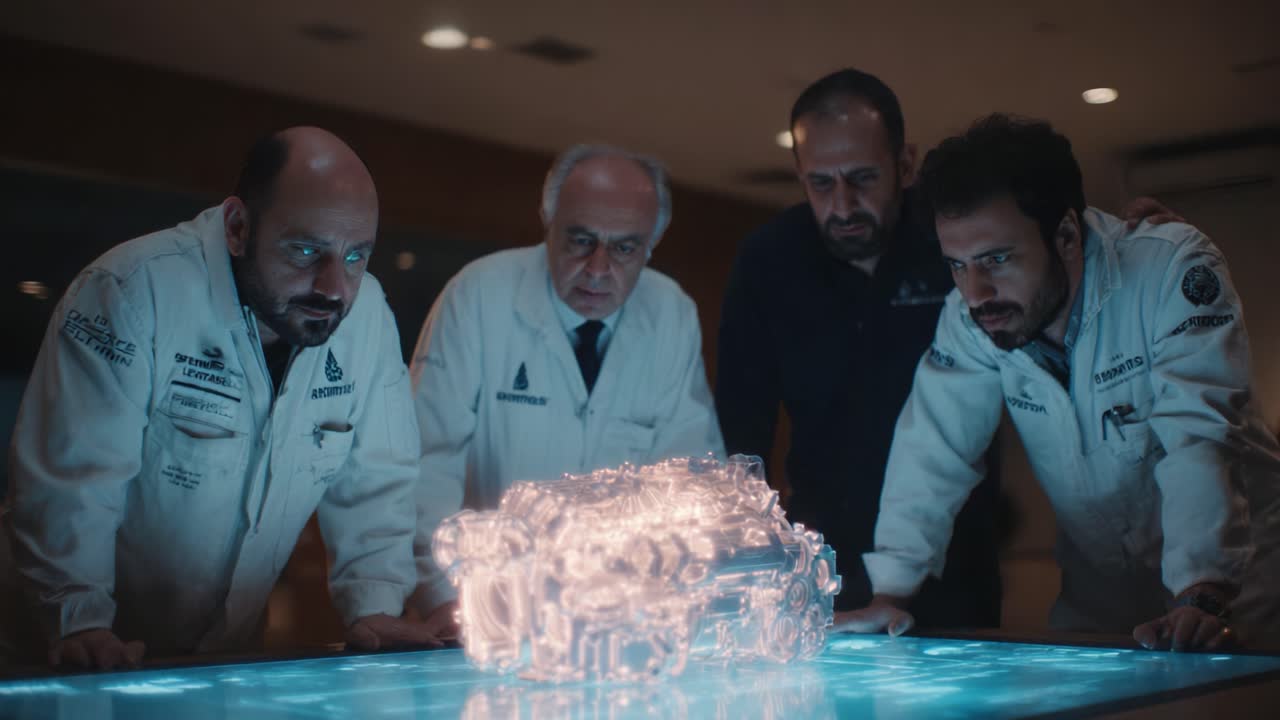 Yenilikçi teknolojide iş birliği yapan mühendisler: Modern bir çalışma alanında şeffaf bir motor modelini inceleyen uzman bir grup