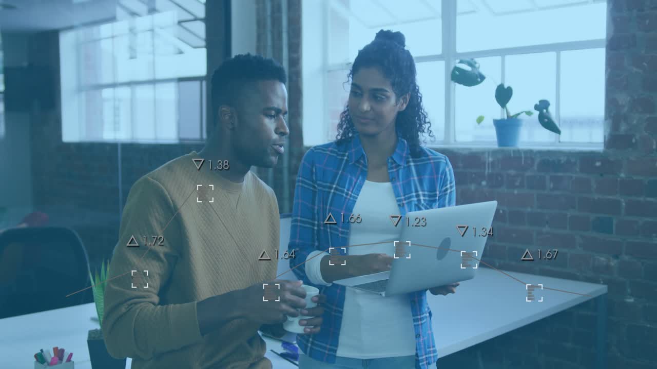 woman tapping trackpad and scrolling laptop, man pointing animated chart highlighting tech report