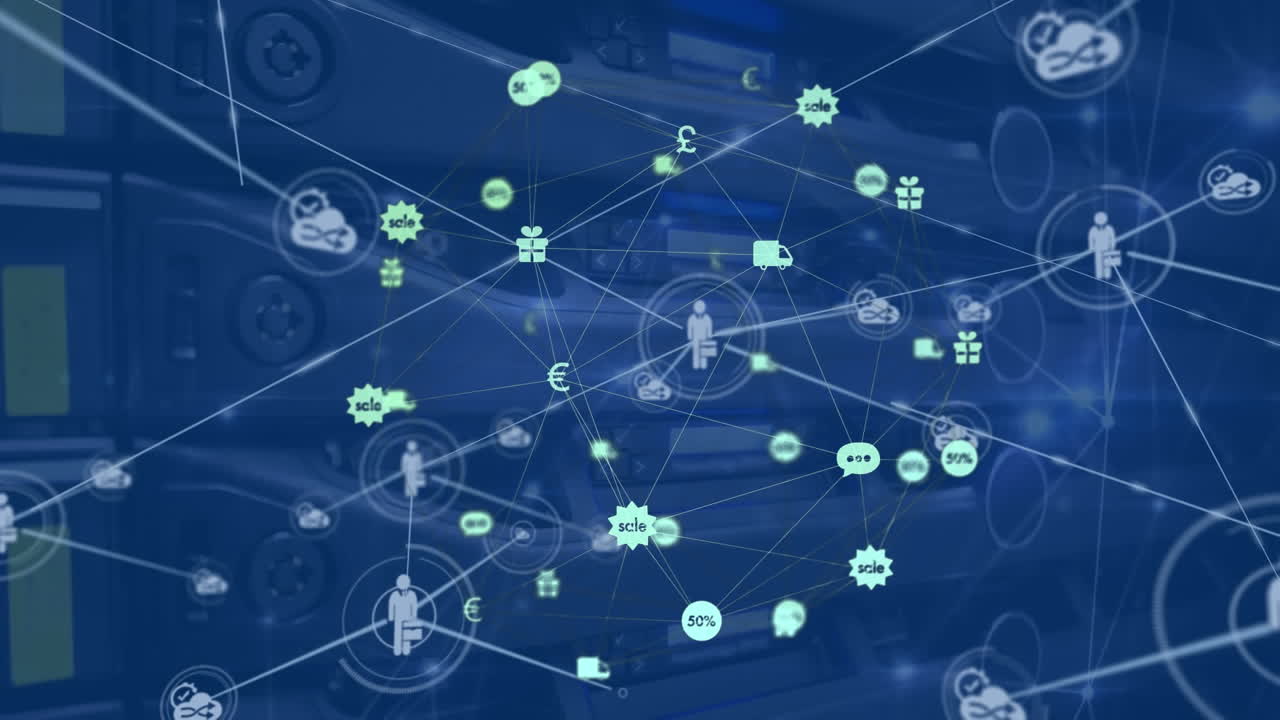 Animation of connected icons over connected icons forming globe against electric equipment
