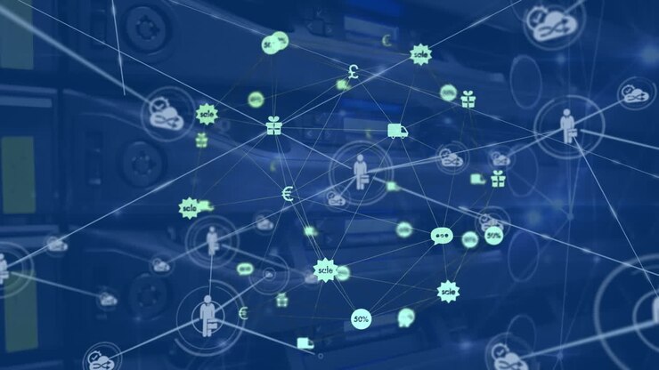 Animation af forbundne ikoner over forbundne ikoner, der danner en globus, mod elektrisk udstyr