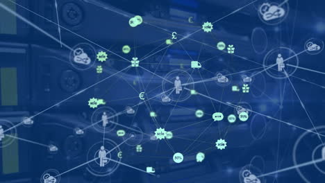 animation of connected icons over connected icons forming globe against electric equipment