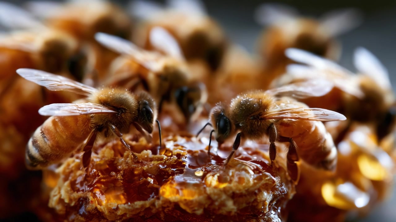 A Close-Up View of Honey Bees Collecting Nectar from a Golden Honeycomb Surface, Showcasing Their Intricate Details and Busy Activities in Nature