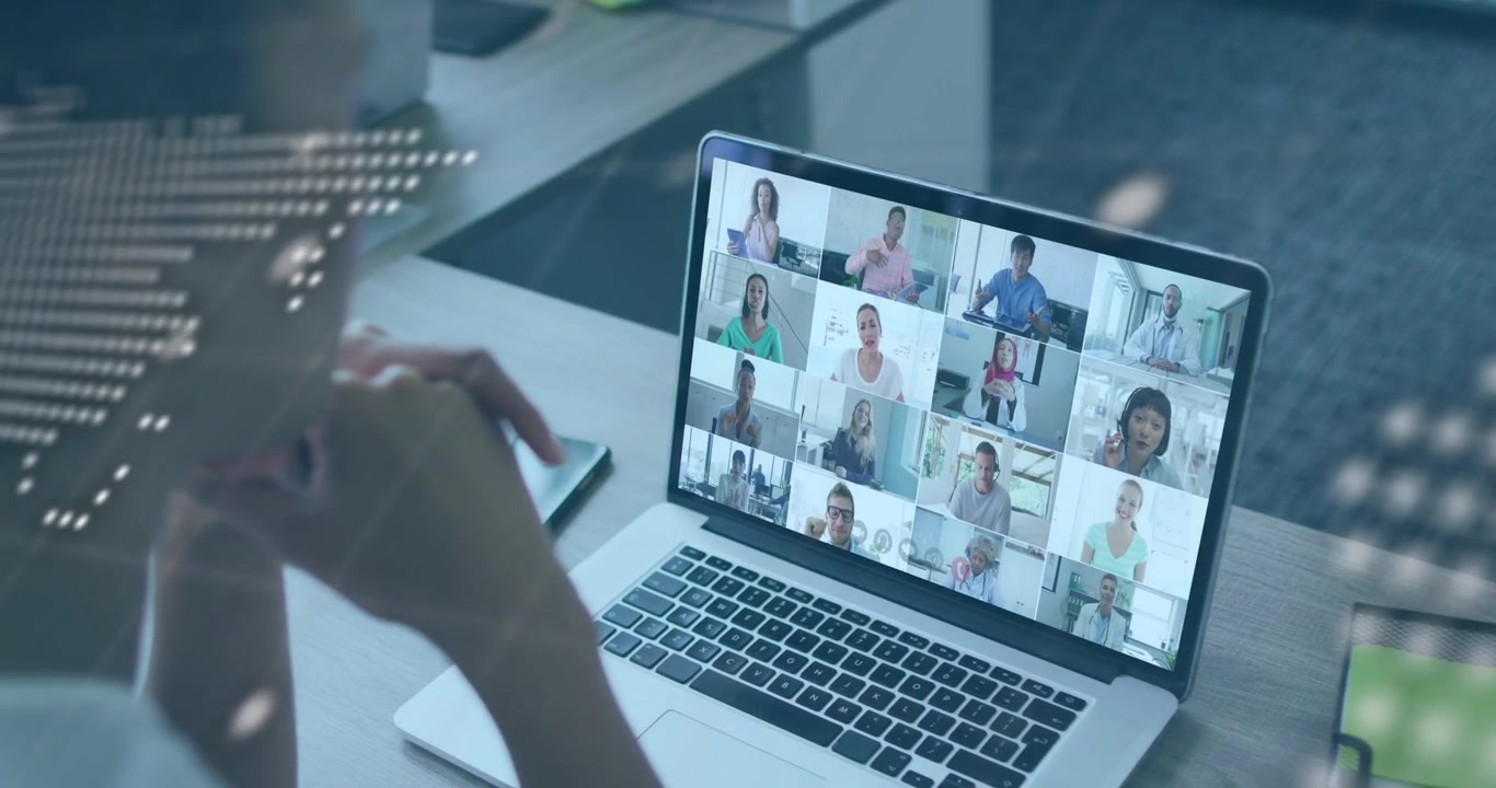 Animation of world map and data over african american woman having video call on laptop