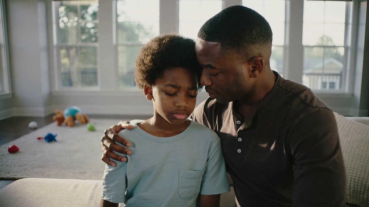 Placing arm, father comforting son after child's sadness on couch, toys, windows, henley, blue tee