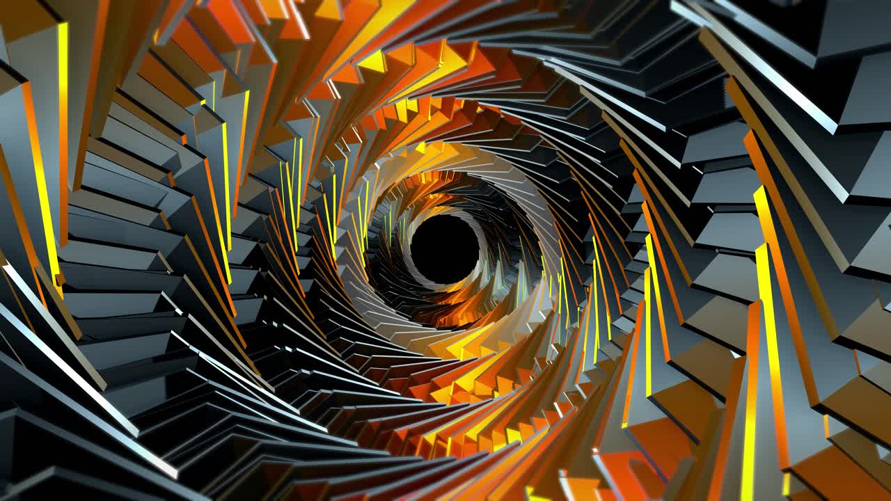 Dynamic Abstract Geometric Spiral Tunnel with Orange and Yellow Lights