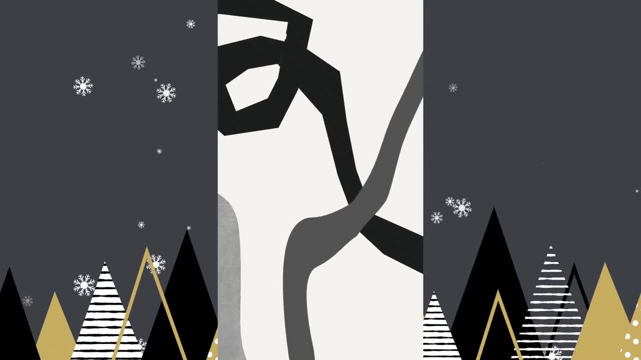 회색 하늘에 눈송이와 산 위에 수직  ⁇  패널에 유기적인 회색 모양의 애니메이션