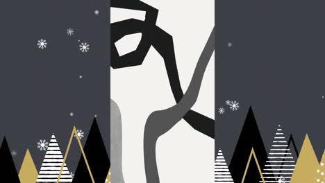 animación de formas grises orgánicas en un panel blanco vertical sobre copos de nieve y montañas en un cielo gris