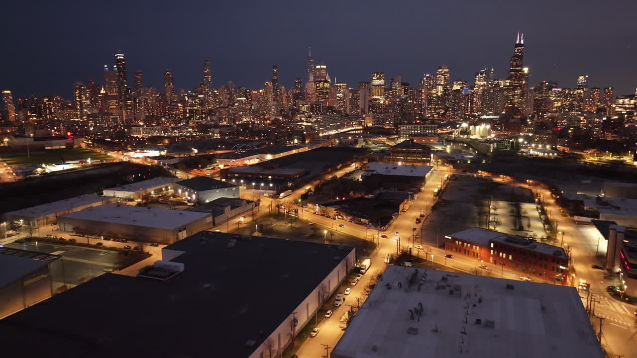 Aerial view of the Chicago skyline at night