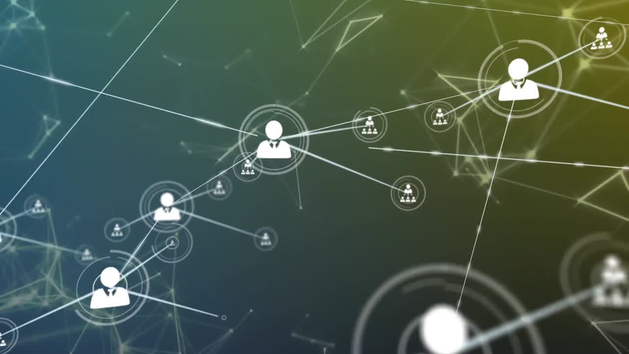 animación de la red de conexiones y los iconos de perfil contra un fondo de gradiente verde