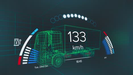 Animation-of-speedometer,-gps-and-charge-status-data-on-vehicle-interface,-over-3d-truck-model