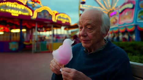 senior man eating cotton candy at a fair