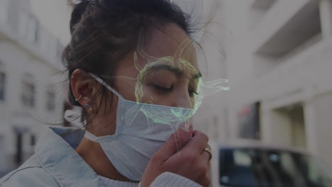 animación de células de covid-19 que se mueven sobre una mujer con máscara facial