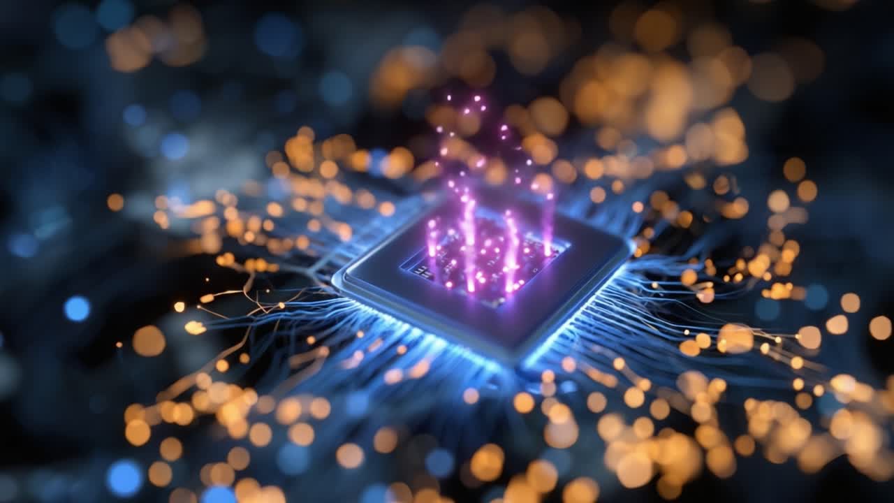 En fascinerende og dynamisk visualisering af en mikroprocessor med glødende partikler og energiske forbindelser, der viser den indviklede verden af digital teknologi.