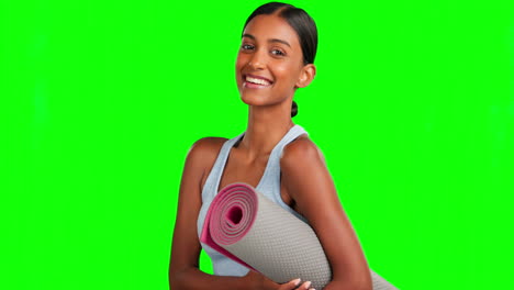 Green-screen,-face-or-woman-with-yoga-mat-in-relax