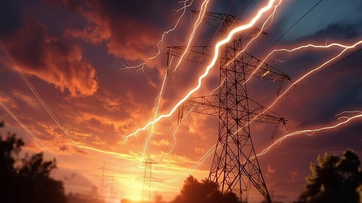 Torre de Transmissão de Energia com Eletricidade Brilhante ao Pôr do Sol