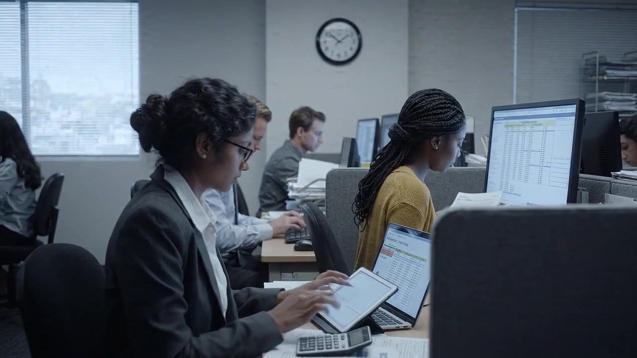 Professional Office Setting with Employees Engaged in Financial Analysis Using Calculators, Laptops, and Tablets in a Collaborative Work Environment
