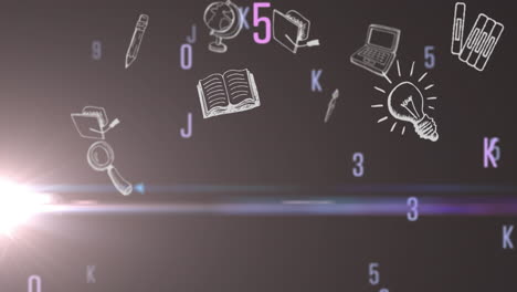 animación de números y letras cambiantes y objetos escolares en movimiento y luz sobre fondo oscuro