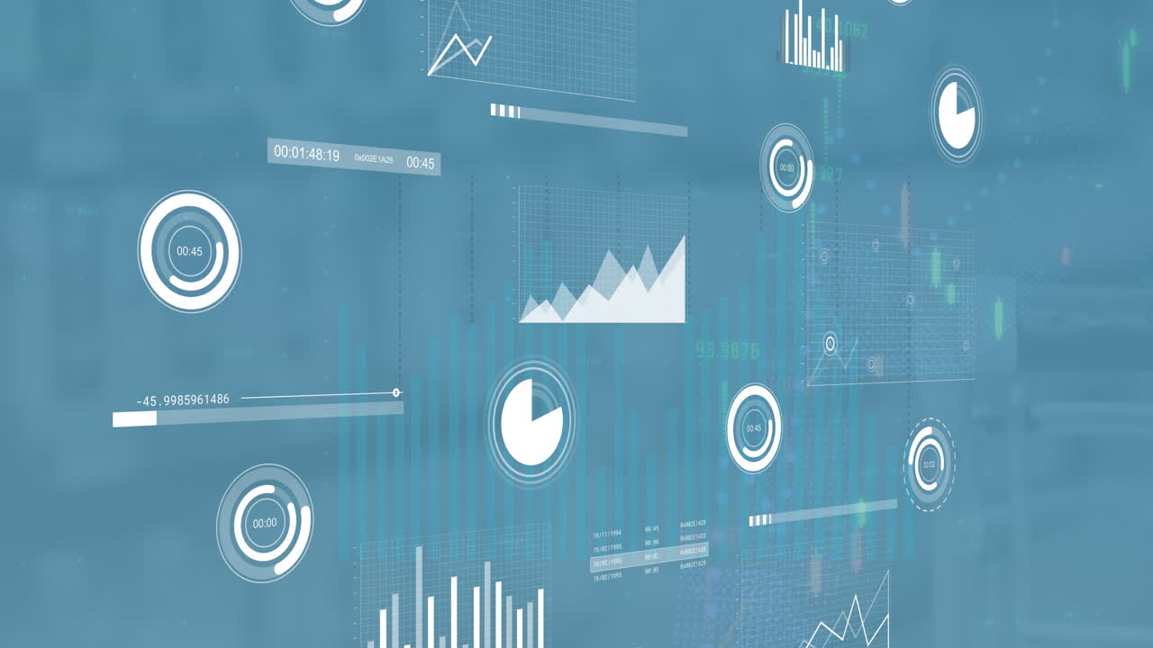 Animation of statistics and financial data processing over blue background