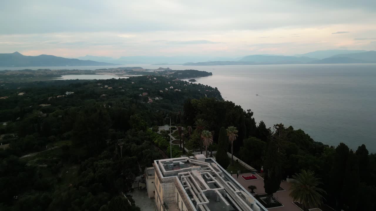 Achillion Palace Corfu View of the statue of Achilles drone footage.